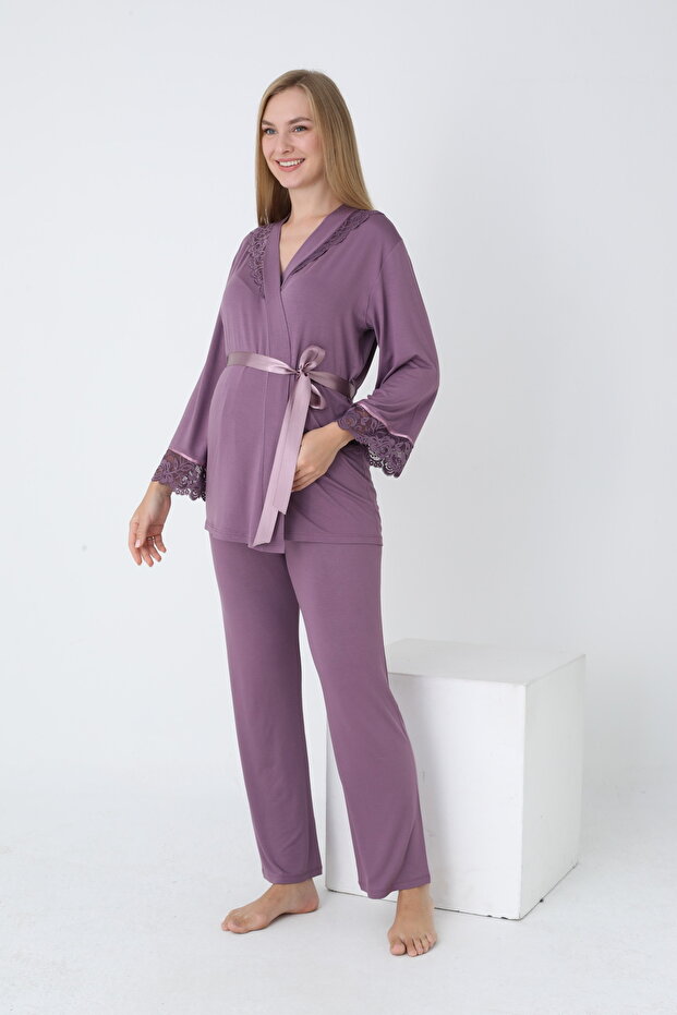 Front Tie Lace Detailed Maternity and Maternity Pajama Set