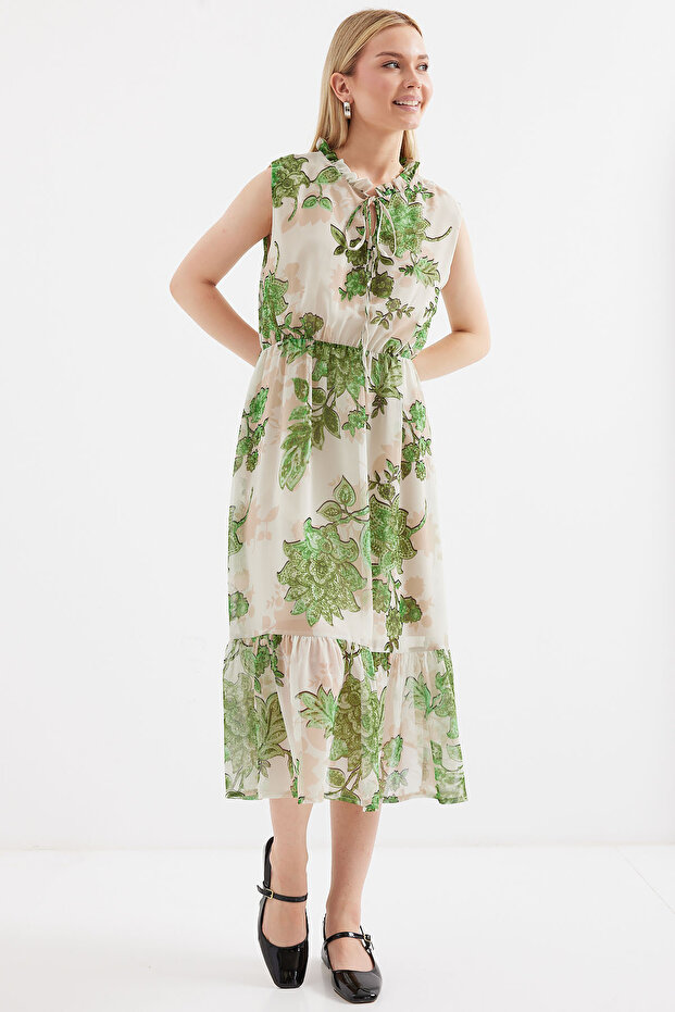 Women's Patterned Zero Sleeve Chiffon Dress Green 1129
