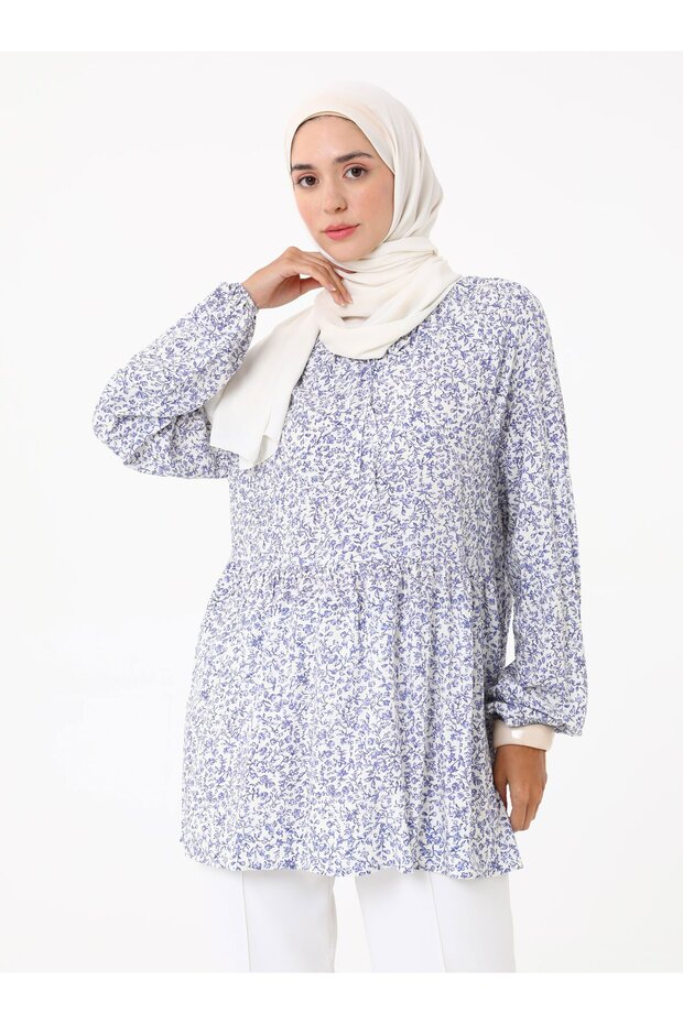 تونيك فيسكوز بطبعة زهور - منقوش باللون الأزرق- - 1