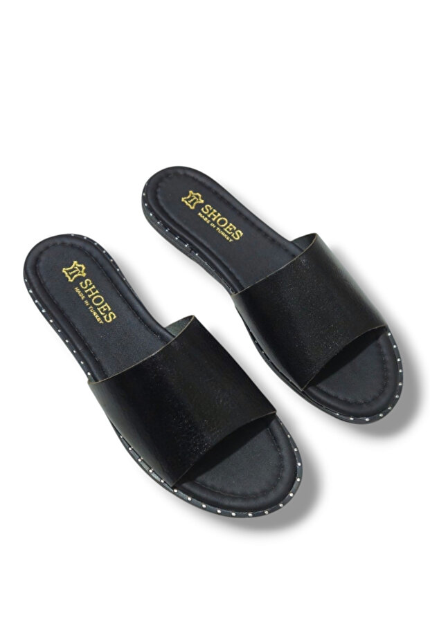 Black Genuine Leather Women's Slippers