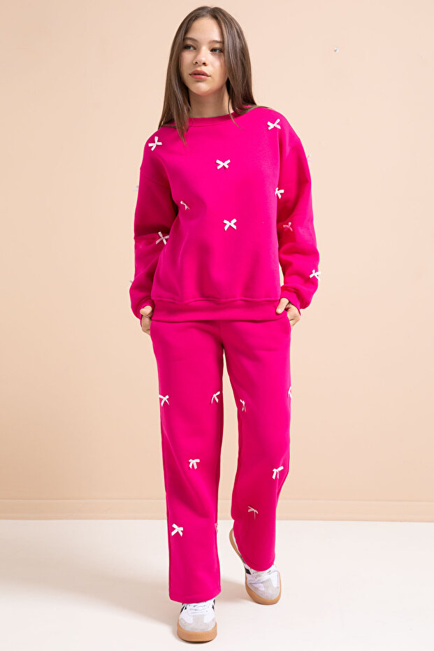 Fuchsia Bow Embroidered Crew Neck Girl's Hooded Tracksuit Set 21286