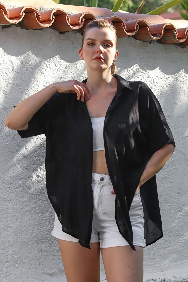 Black Shirt Collar Short Sleeve Non-Filled Washable Casual Woven Shirt 62 67