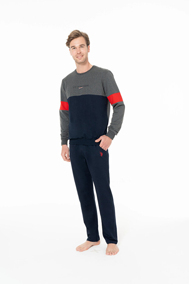 Men's Pajamas Set, Cotton Blend, Crew Neck, Long Sleeve, Pocket, Elasticated Sleeves, Anthracite