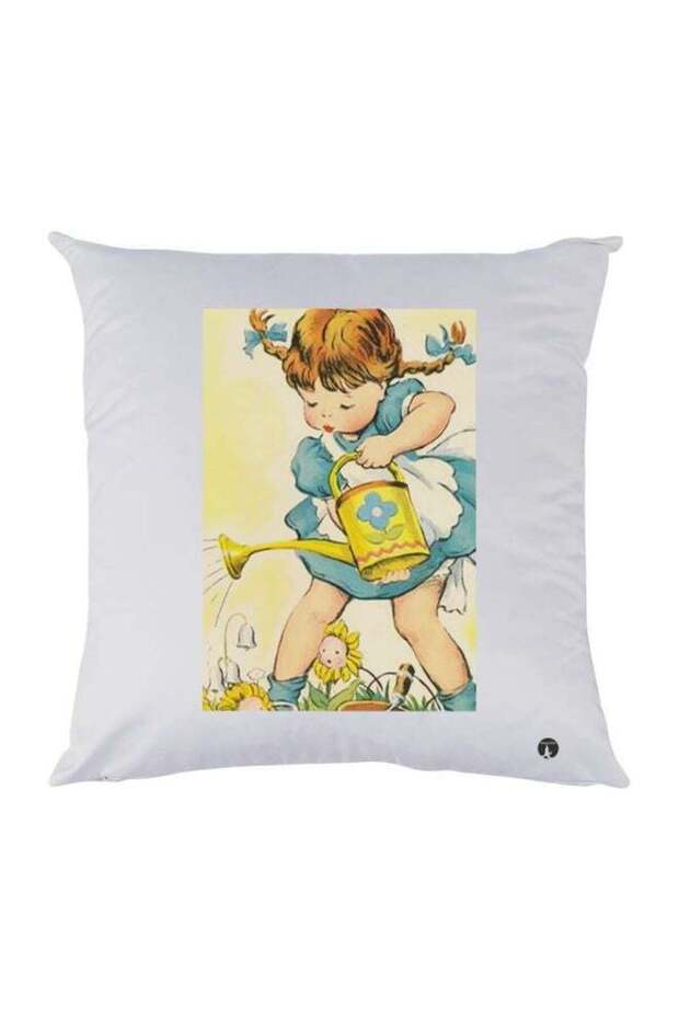 Cartoon Girl Watering Flowers Printed Decorative Throw Pillow White/Blue/Brown 30x30cm