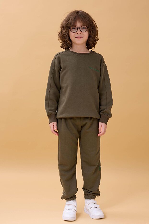 Boy's Crew Neck Embroidered Seasonal Double Suit - Khaki