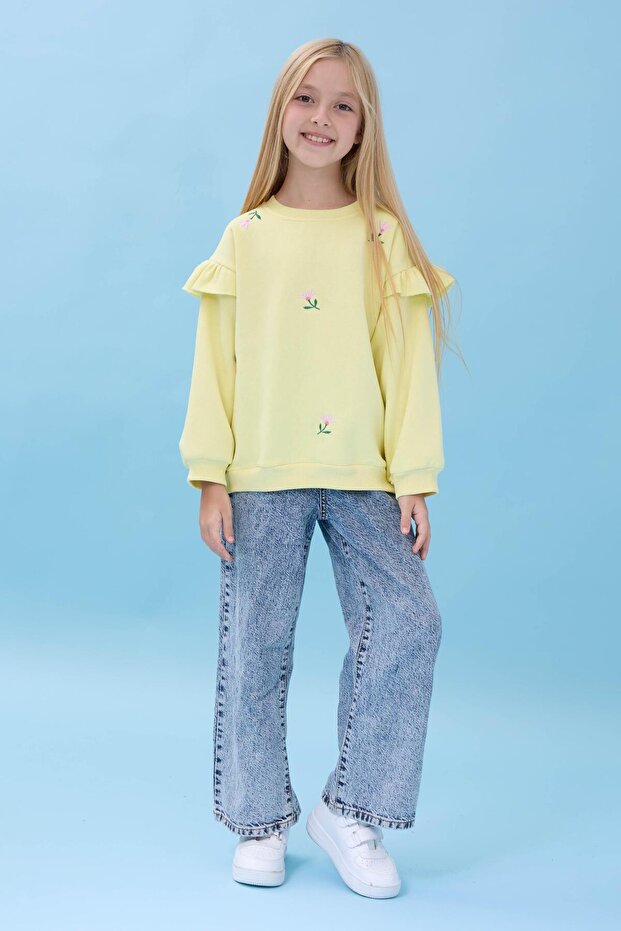 Girl's Ruffle Detailed Floral Embroidered Hooded Oversize Sweatshirt - Yellow