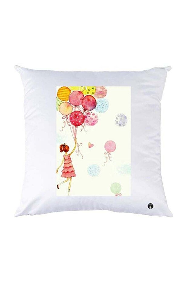 Girl With Balloon Printed Throw Pillow White/Pink/Yellow 30x30cm