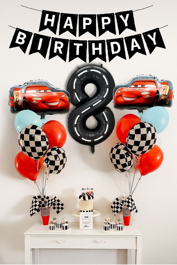 8 Year Old Lightning Car Birthday Party Set Black Number Balloon Happy Birthday Banner Cars Set