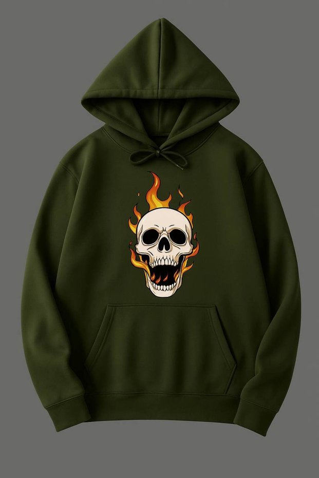 Flame Skull Patterned Hooded Sweatshirt