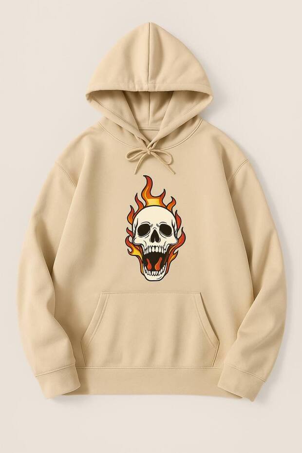 Flame Skull Patterned Hooded Sweatshirt