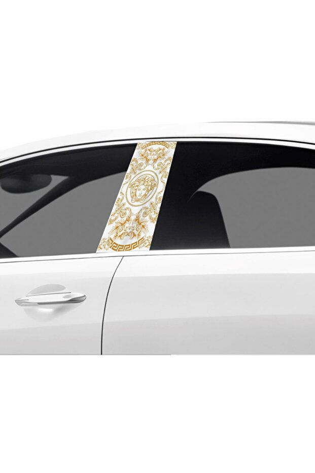 Car Door Post Covering Foil White Gold Patterned (Right Left Set) (2 Pcs) - 22X50 cm