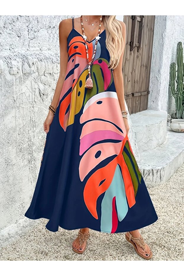 Women's Patterned Single Jersey Maxi Dress with Rope Strap and V-Neck