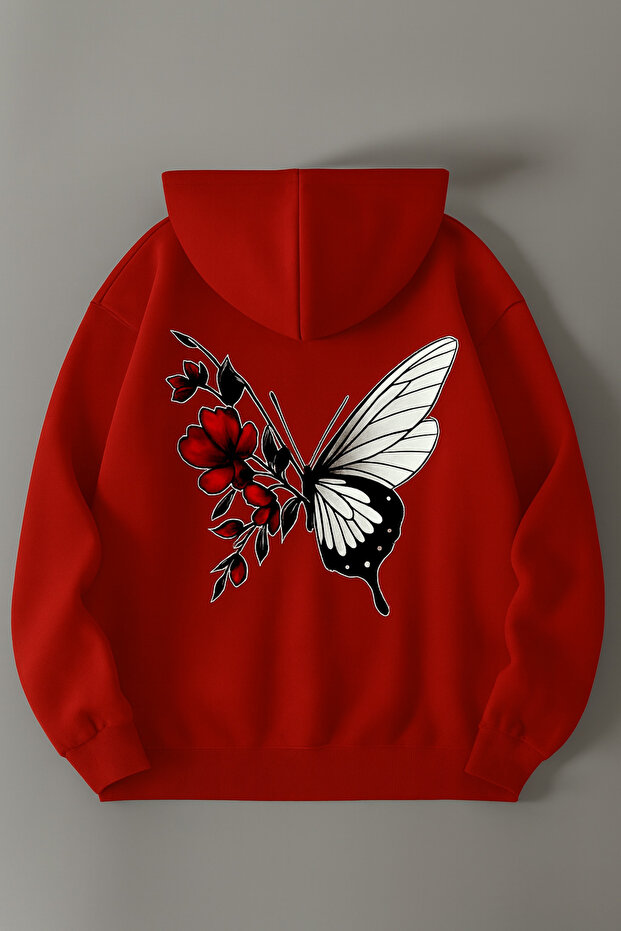 Butterfly and Flower Patterned Hooded Sweatshirt