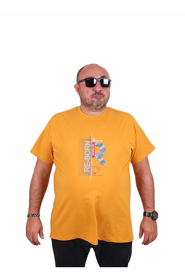 تي شيرت رجالي ذو رقبة دائرية مقاس كبير Re-Born 25185 MUSTARD