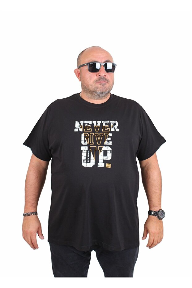 MocGrande Erkek Büyük Beden Sıfır Yaka Tişört Never Give Up 25182 SIYAH