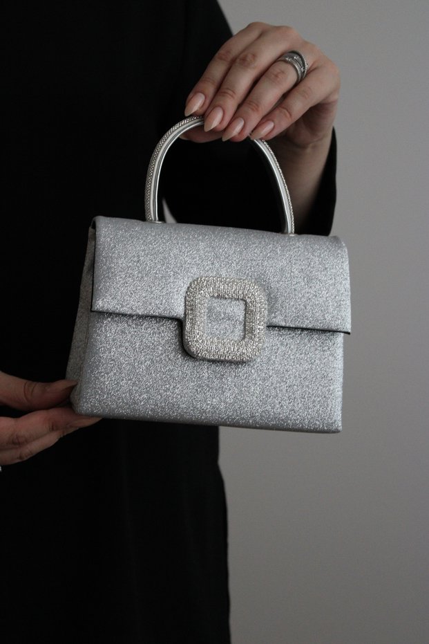Women's Silver Glitter Evening Dress Bag - Evening Dress Bag with Crystal Stone Buckle