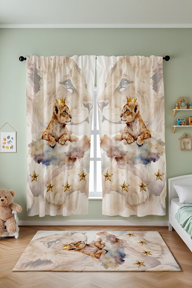 Baby King Lion Patterned Children's Baby Room Background Curtain (Single Wing Pricing)