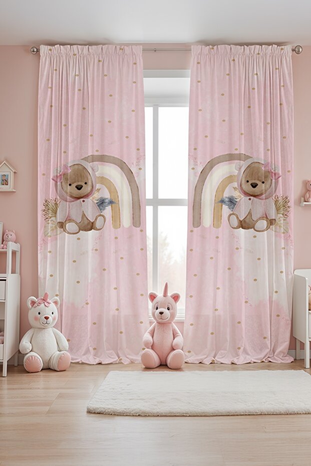 Pink Teddy Bear Patterned Children's Baby Room Background Curtain (Single Wing Pricing)
