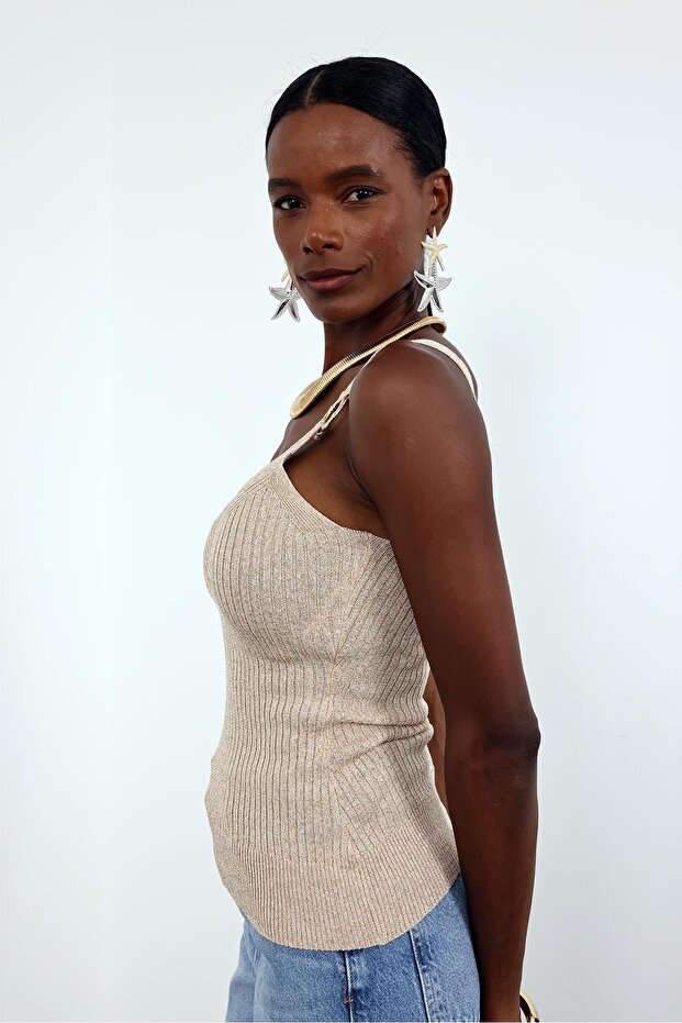 Beige Glitter Threaded Undershirt - 5