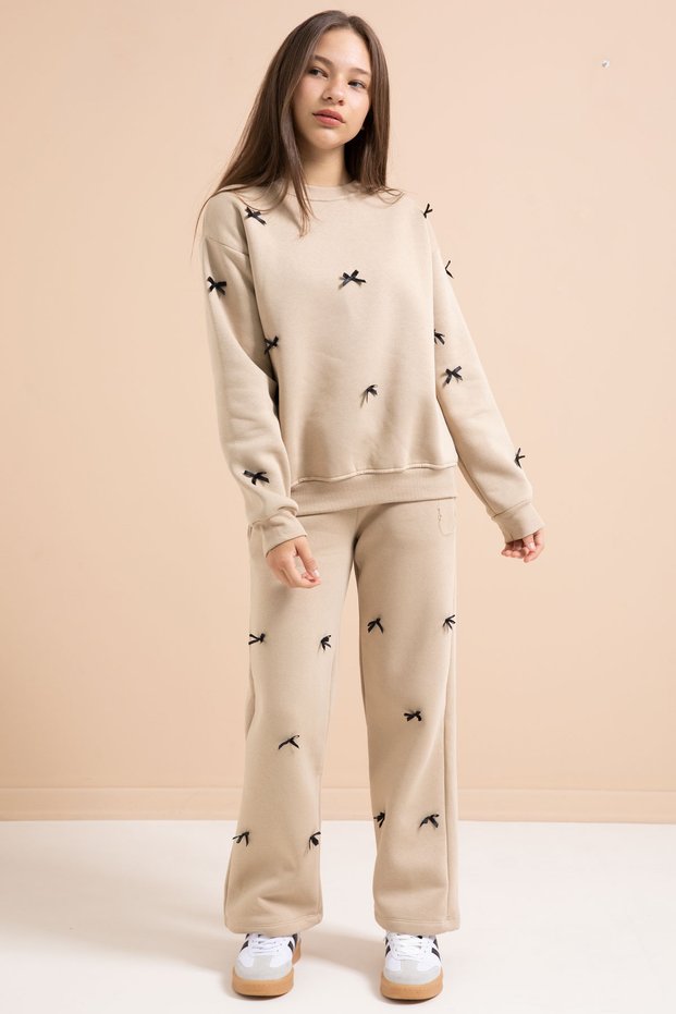 Beige Bow Embroidered Crew Neck Girl's Hooded Tracksuit Set 21287
