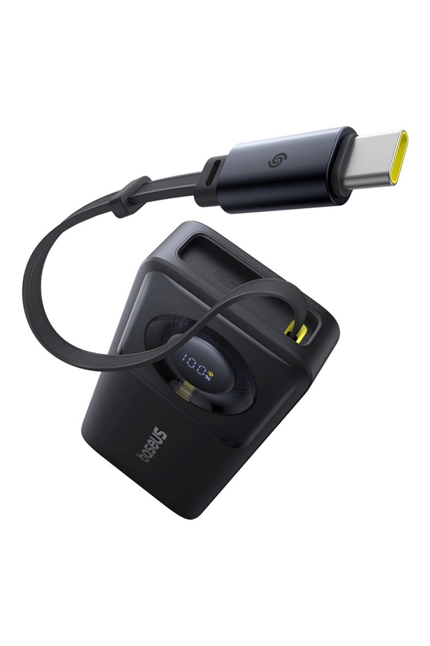 Free2Pull External Battery, 10000mAh, retractable USB-C cable, 30W, Black
