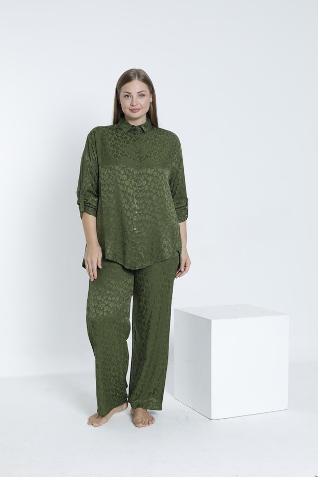 Women's Woven Viscose Fabric Shirt Collar Bottom - Top Set / Khaki 33606