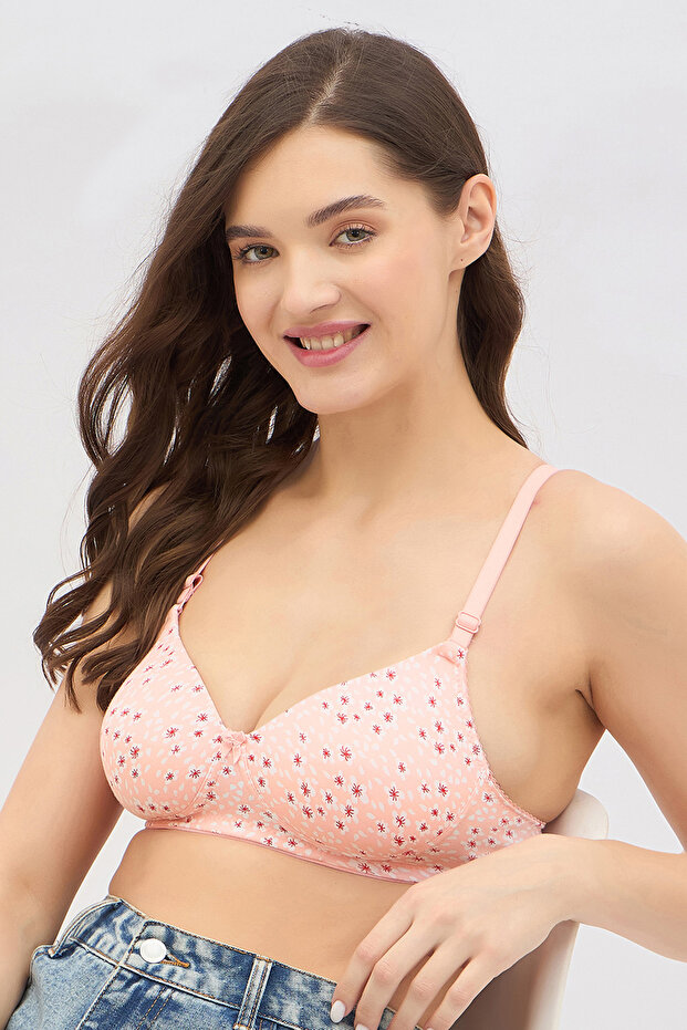 Padded Non-Wired Full Coverage Floral Print Multiway T-shirt Bra in Peach Colour - Cotton