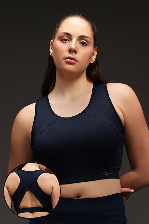 Medium Impact Padded Racerback Sports Bra in Navy Blue