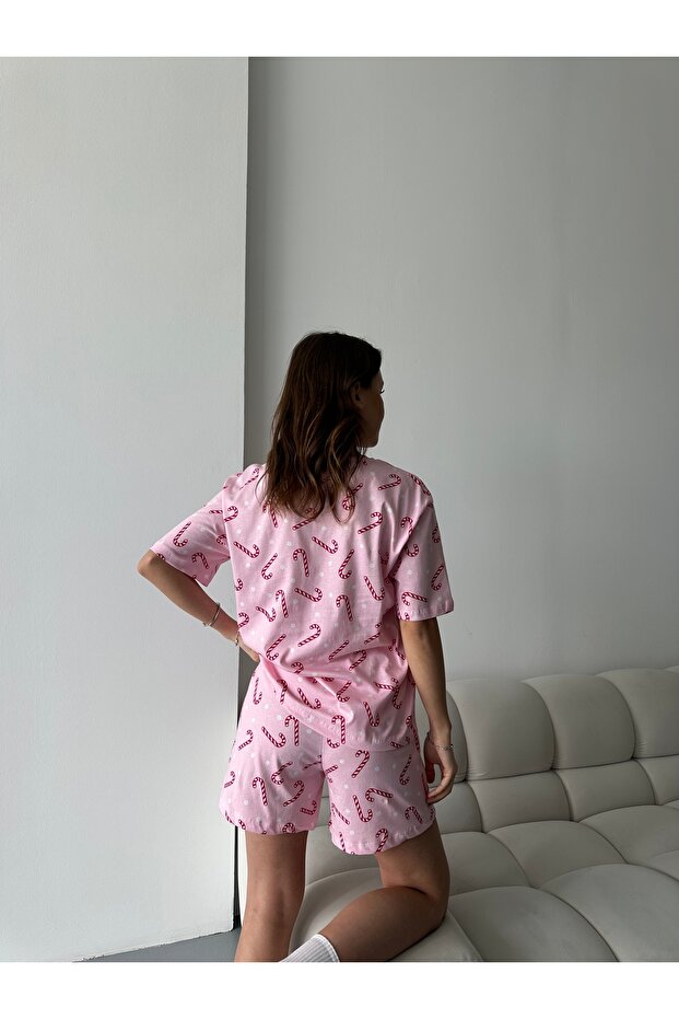 Kırmızı Şeker Kamışı Desenli Kısa Kollu Şortlu Pijama Takımı - 4