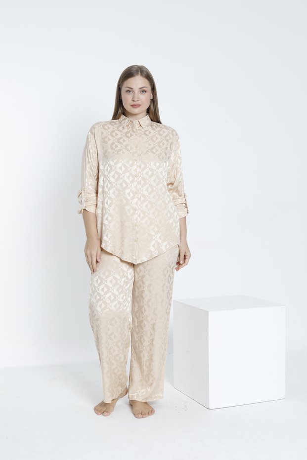Women's Woven Viscose Fabric Shirt Collar Bottom - Top Set / Beige 33608