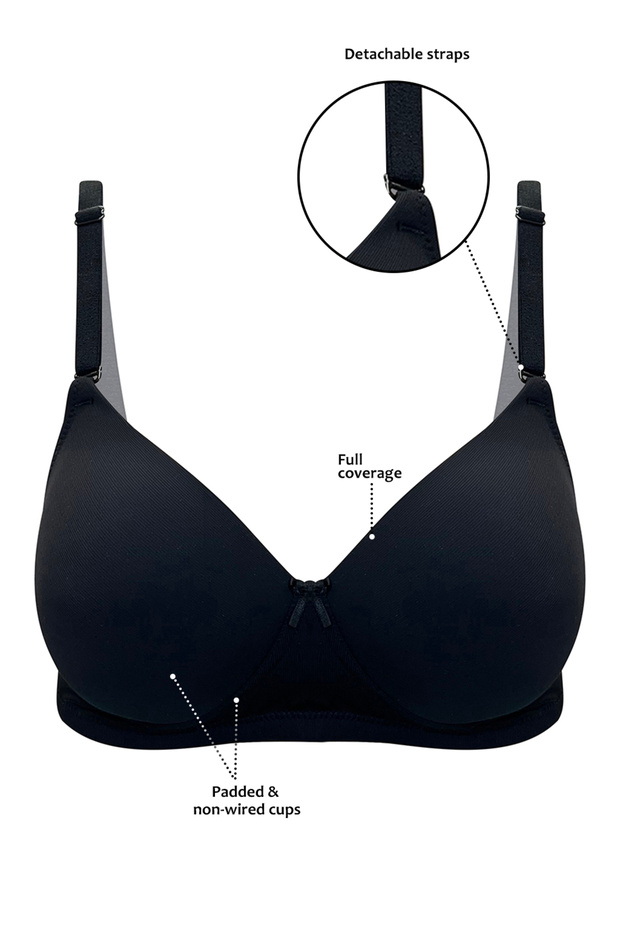 Padded Non-Wired Full Coverage Self-Striped Multiway T-shirt Bra in Black