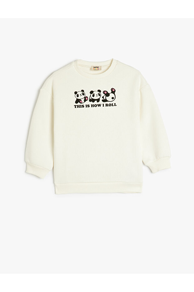 Panda Printed Long Sleeve Crew Neck Hooded Sweatshirt