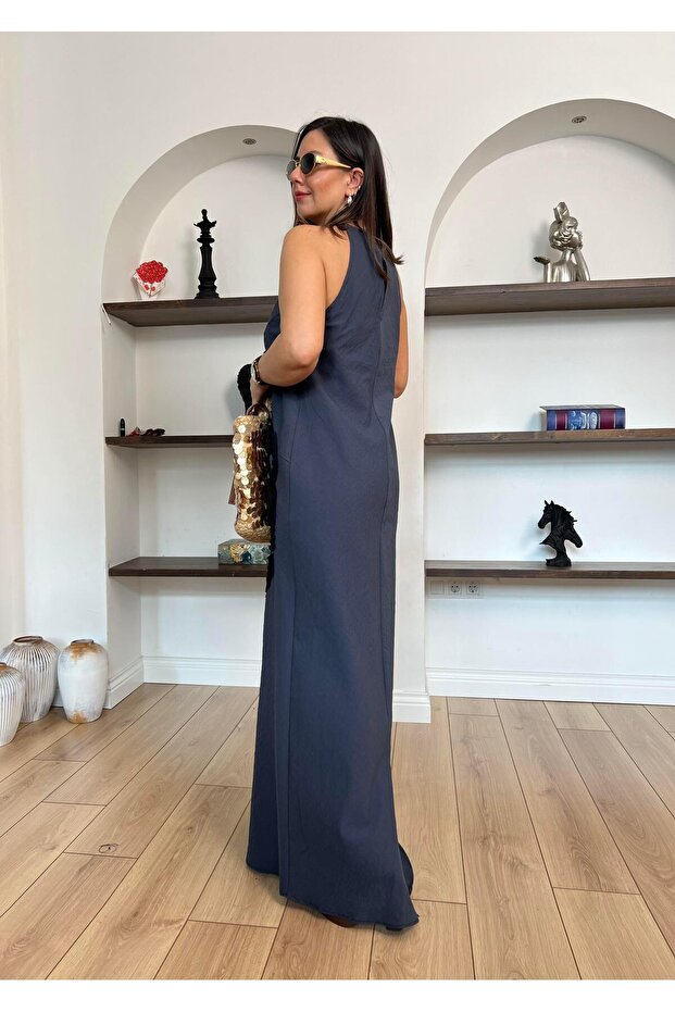 Önü Tül Detaylı Antrasit Uzun Elbise - 8