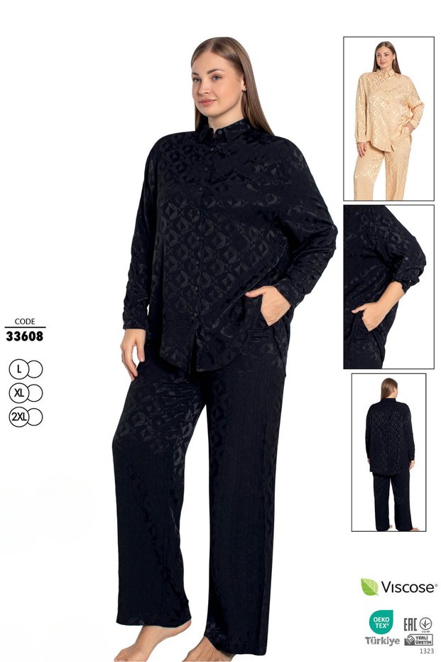 Women's Woven Viscose Fabric Shirt Collar Bottom - Top Set / Black 33608