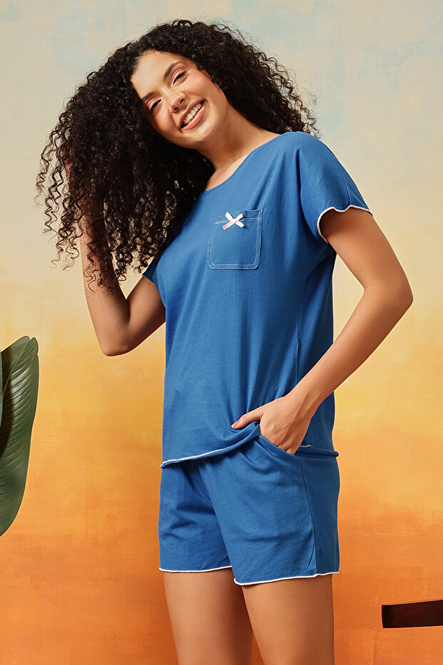 طقم أنيق من بلوزة وشورت باللون الأزرق - قطن ١٠٠٪ - 5