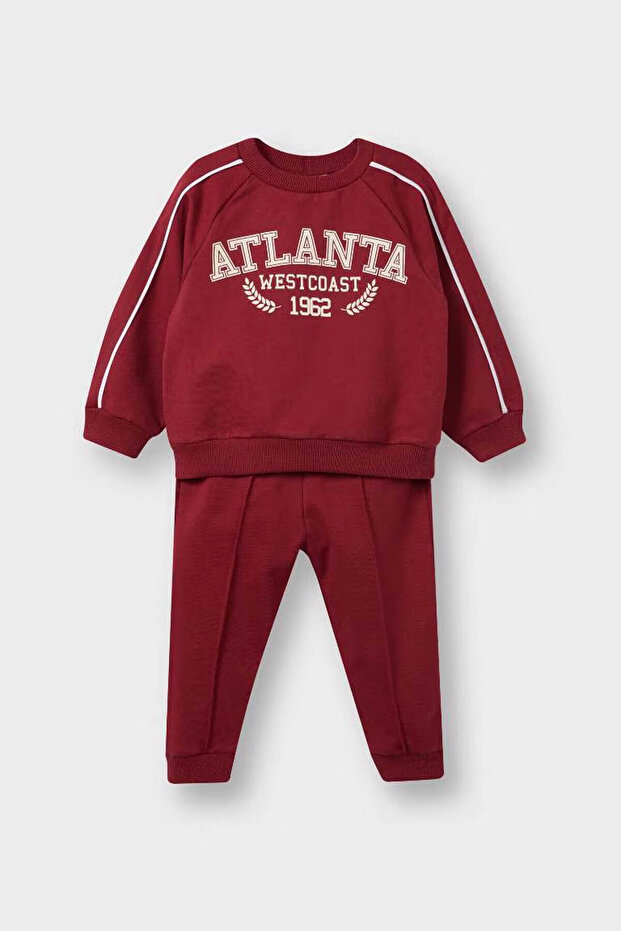 2-Piece Printed School Sweatshirt Sweatpants Claret Red Baby Boy Bottom-Top Set D2599A5/Br285