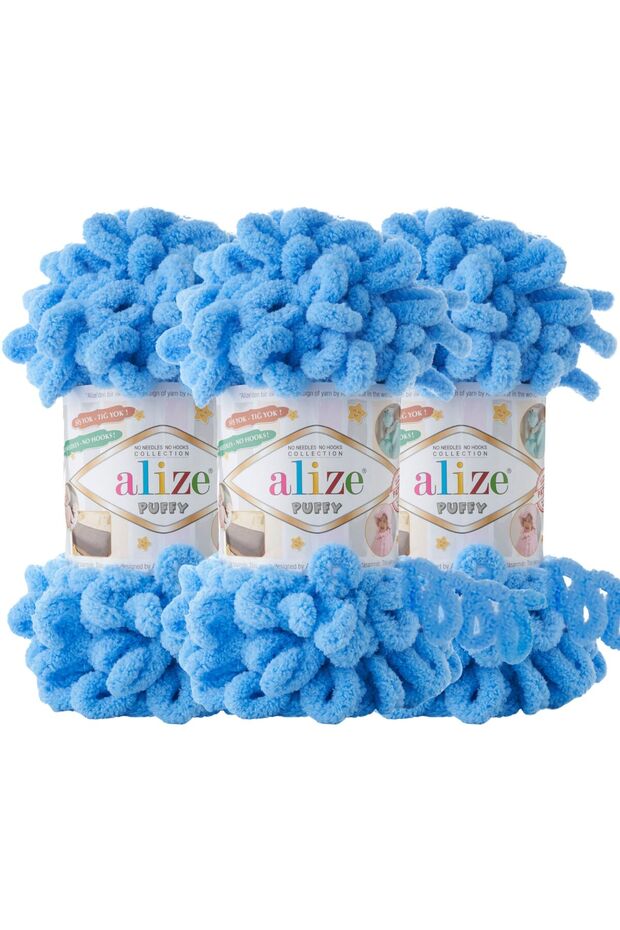 Puffy 3’lü Paket El Örgü İpi - Şişsiz – 100g x 3 Adet – Renk No: 289 - Mavi - 1