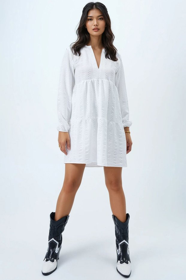 Women's White V-Neck Lined Layered Flounce Dress Alc-X12363-1