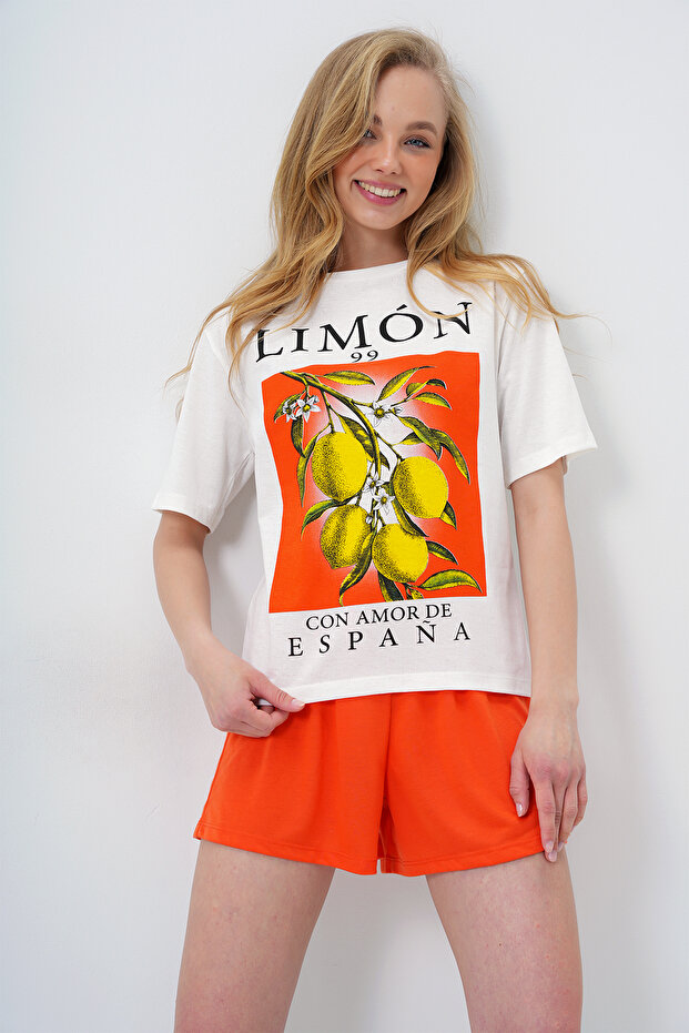 Trend Alaçatı Stili Kadın Portakal Limon Baskili Pamuklu Basic T-Shirt Ve şortlu Pijama Takimi PJM-X13903