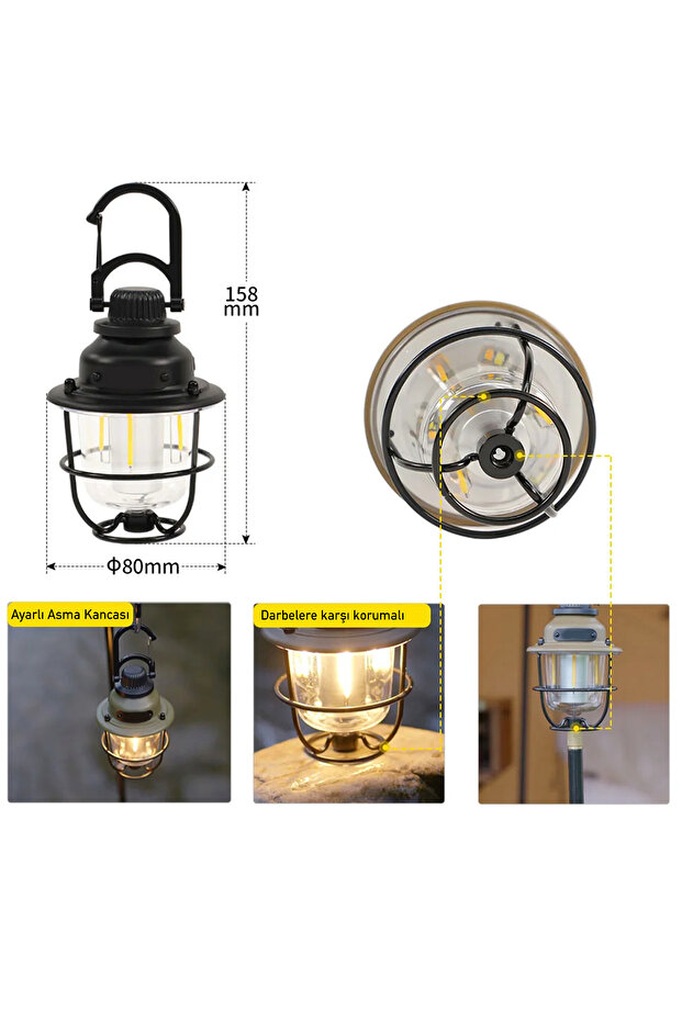 Hag Ayaklı Retro Kamp Lambası Asılabilir Işık Rengi ve Şiddeti Ayarlı Çadır Aydınlatma - 11