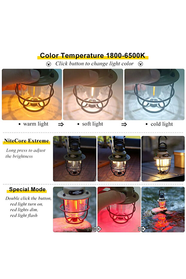 Hag Ayaklı Retro Kamp Lambası Asılabilir Işık Rengi ve Şiddeti Ayarlı Çadır Aydınlatma - 5