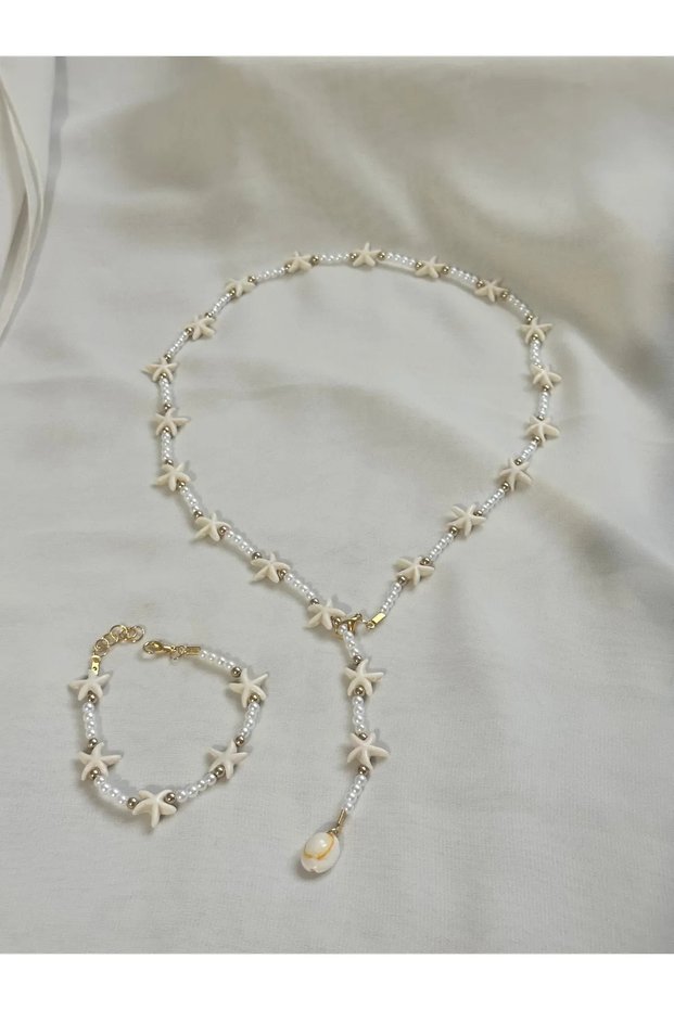 Women's Y Necklace Bracelet Set - Sea Themed Handmade Pearl Look Starfish Set