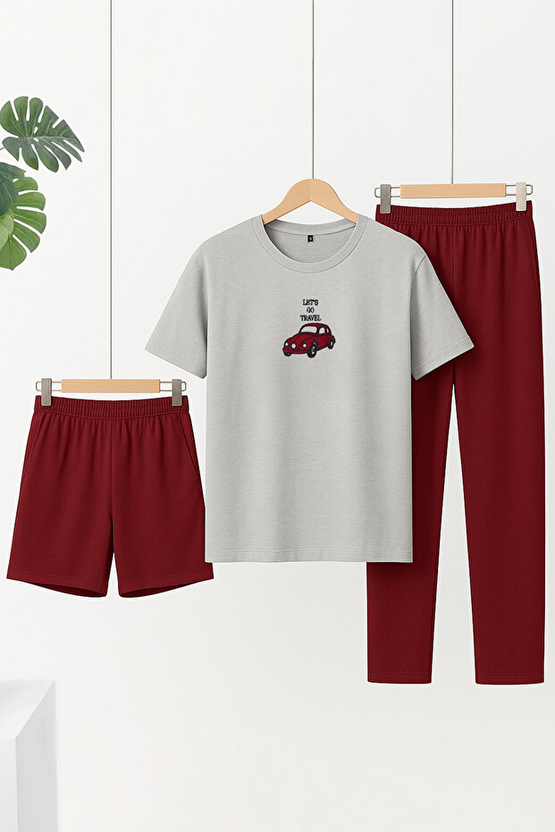 Gri - Bordo Regular Fit Nakışlı Örme 3 lü Pijama Takımı TMNAW25PT00024 - 1