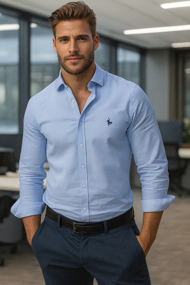 Blaues Oxford-Smart-Shirt mit regulärer Passform und Stickerei-Detail, leicht zu bügeln, TMNAW25GO00036 - 5