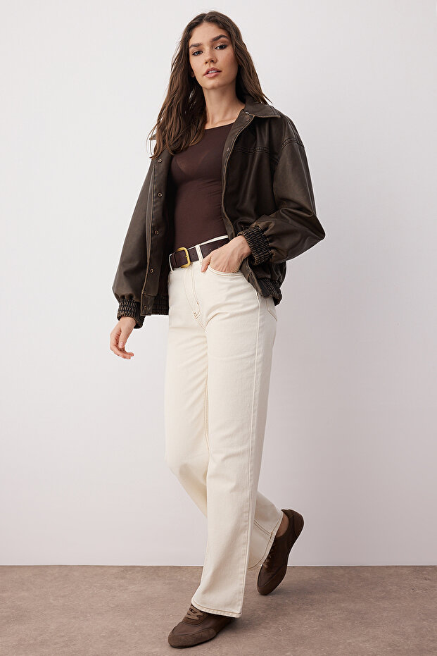 Ekru Yüksek Bel Geniş Paça Wide Leg Jeans TWOAW24JE00274 - 2