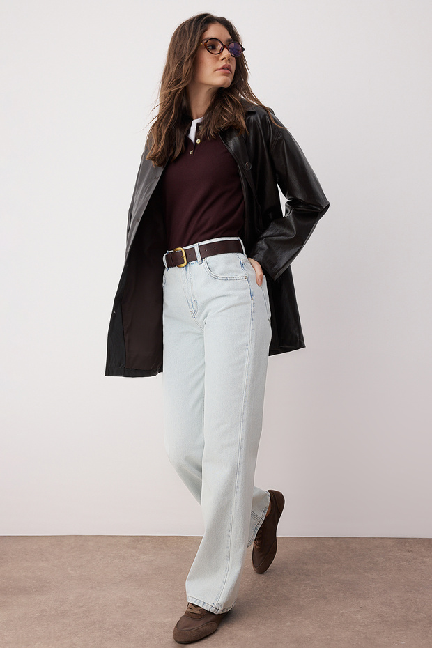 Buz Mavisi Yüksek Bel Wide Leg Geniş Paça %100 Pamuk Non-Stretch Jeans TWOSS23JE00068 - 2