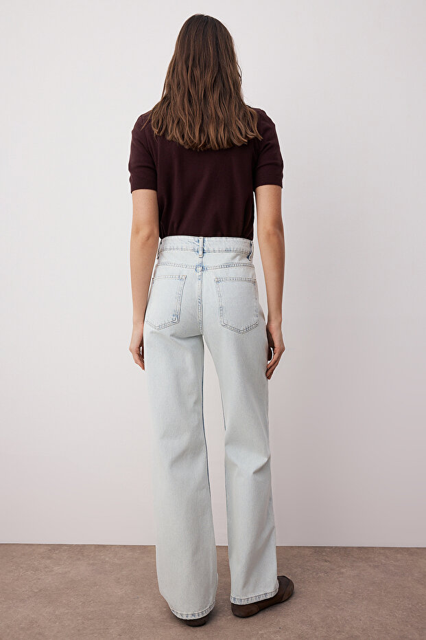 Buz Mavisi Yüksek Bel Wide Leg Geniş Paça %100 Pamuk Non-Stretch Jeans TWOSS23JE00068 - 4