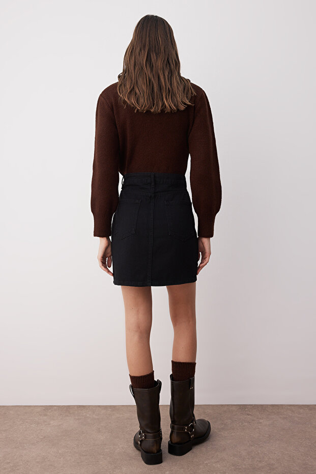 Siyah More Sustainable Yırtmaçlı Yüksek Bel Mini Denim Etek TWOAW23ET00285 - 4