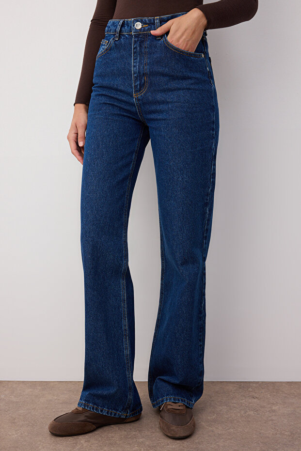 Koyu Mavi Yüksek Bel Wide Leg Geniş Paça %100 Pamuk Non-Stretch Jeans TWOSS23JE00068 - 3