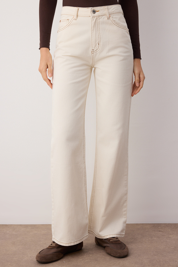 Ekru Yüksek Bel Geniş Paça Wide Leg Jeans TWOAW24JE00274 - 3
